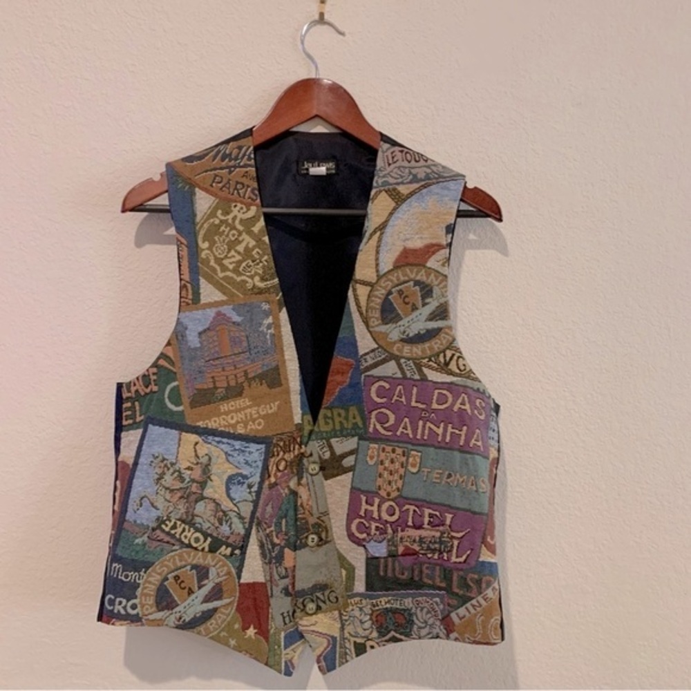 90s Grandpa Core Jay Lewis Vintage Travel Tapestry Vest Men's Large  Hotel Print